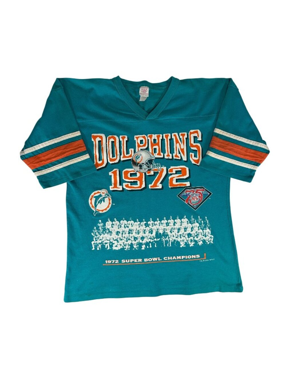 VTG 1994 MIAMI DOLPHINS 1972 Super Bowl Champions V Neck Jersey T Shirt Mens LG